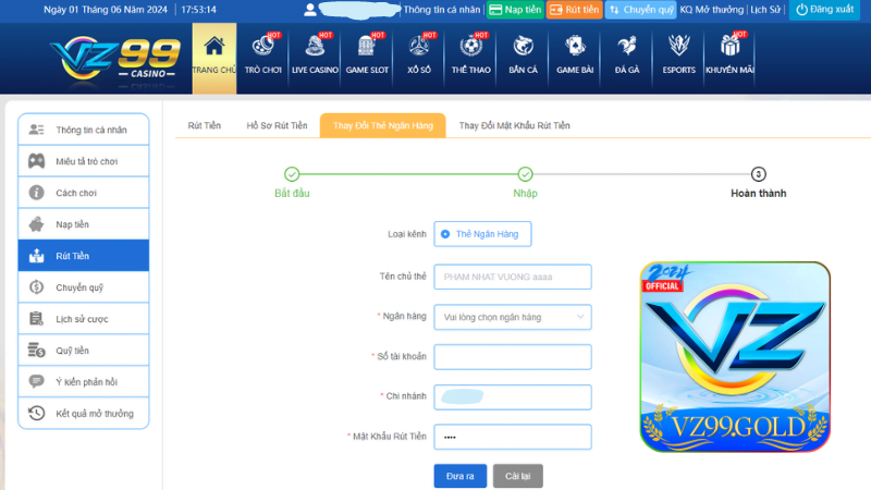 Những bước xử lý khi rút tiền VZ99